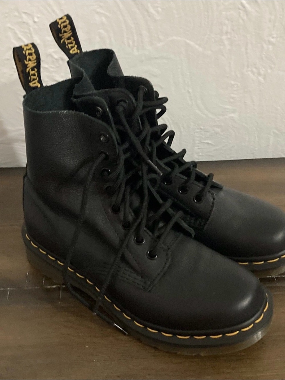 Dr. Martens Pascal Black Leather 8-Eye Lace-Up Boots with Yellow Stitching